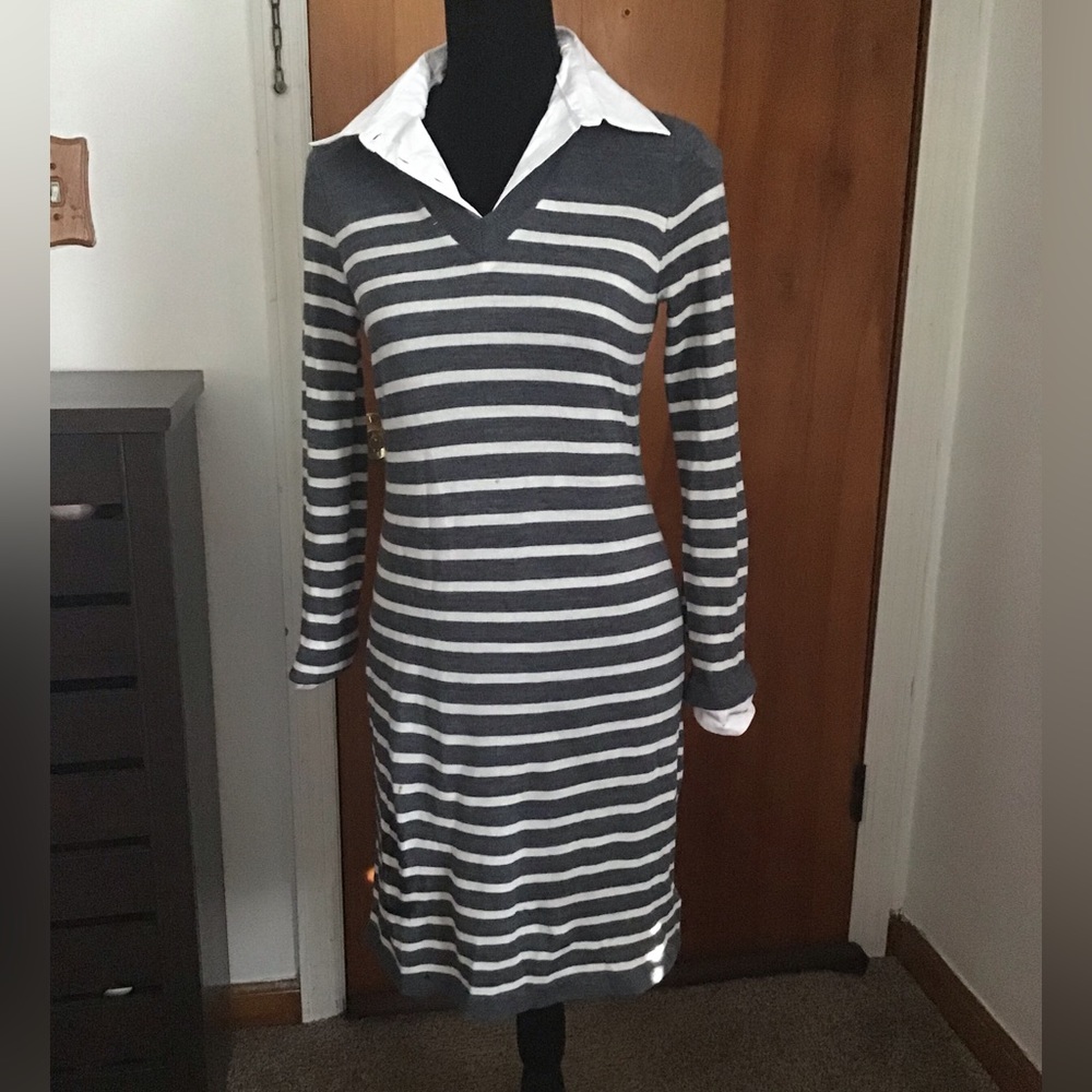 Flattering collar striped sweater dress
